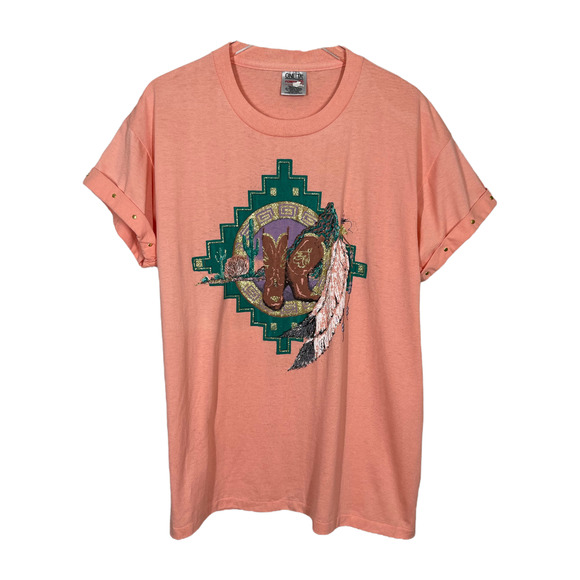 Vintage Tops - Vintage 90s Western Glitter Embellished Tee Large Peach Cactus Desert Cowgirl